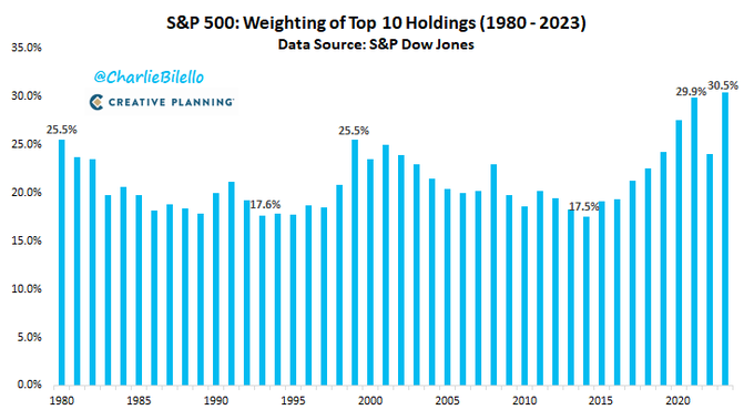 S&P 500 Top 10 Weighting 1980-2023